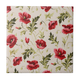 Vintage bright red poppies flower pattern ceramic tile
