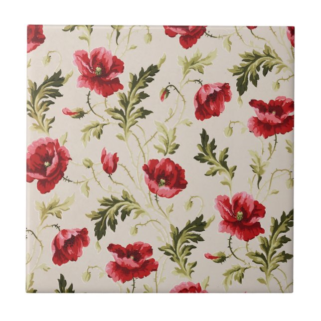 Vintage bright red poppies flower pattern  ceramic tile (Front)