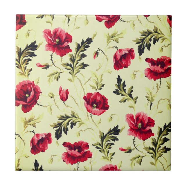 Vintage bright red poppies flower pattern  ceramic tile (Front)