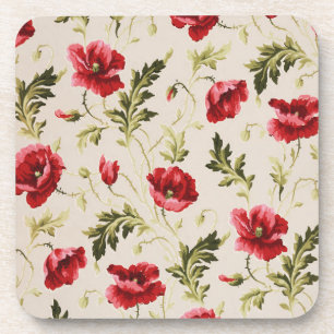 Vintage bright red poppies flower pattern coaster