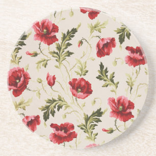 Vintage bright red poppies flower pattern coaster