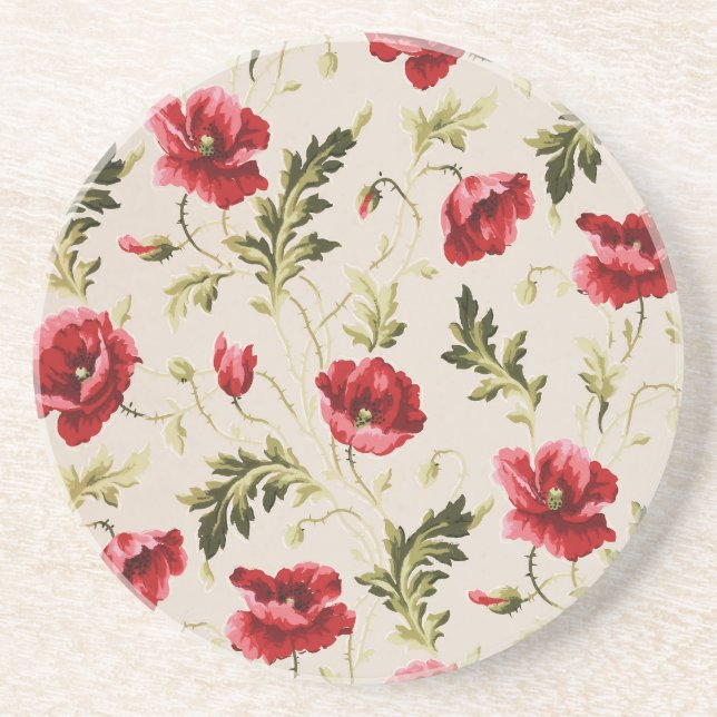 Vintage bright red poppies flower pattern  coaster (Front)