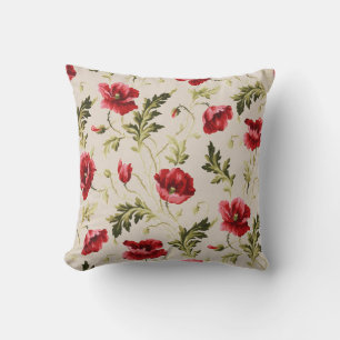 Vintage bright red poppies flower pattern cushion