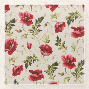 Vintage bright red poppies flower pattern glass coaster