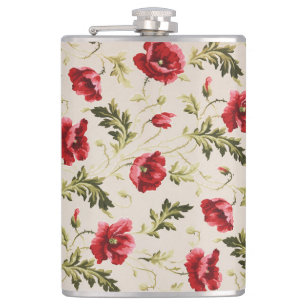 Vintage bright red poppies flower pattern hip flask