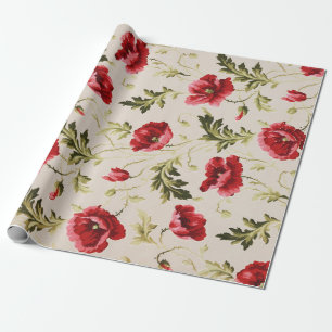 Vintage bright red poppies flower pattern  wrapping paper