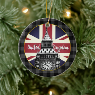 Vintage British Flag, Big Ben, buffalo plaid UK Ceramic Ornament