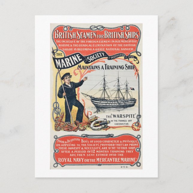 Vintage British Marine Society Sailor Recruitment Postcard (Front)