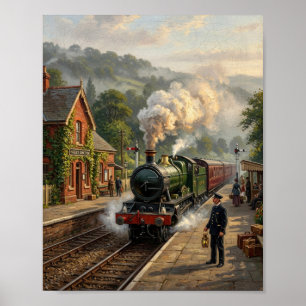 Vintage British Steam Train Railway Station Poster