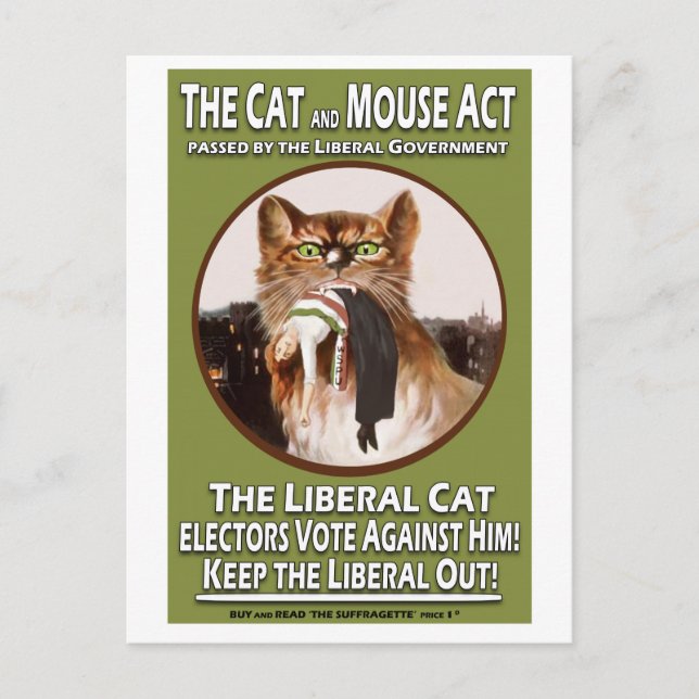 Vintage British Suffragette Cat and Mouse Act Postcard (Front)