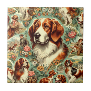 Vintage Brittany Dog Painting Ceramic Tile