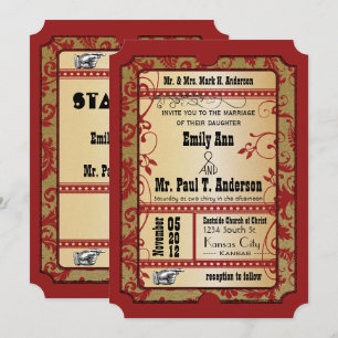 Vintage Broadway Red and Gold Movie Ticket Wedding Invitation