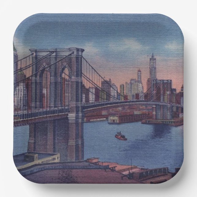 Vintage Brooklyn Bridge Art Painting Paper Plate (Front)