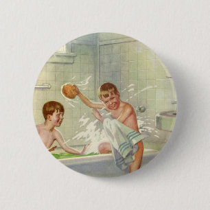 Vintage Brothers, Children, Boys Splashing in Tub, 6 Cm Round Badge
