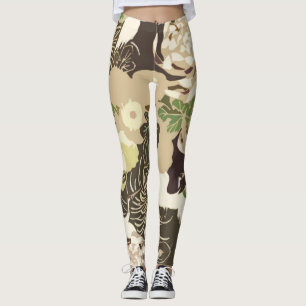 Vintage brown and beige flowers and birds leggings