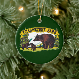 Vintage Brown Bears in Yellowstone National Park Ceramic Tree Decoration