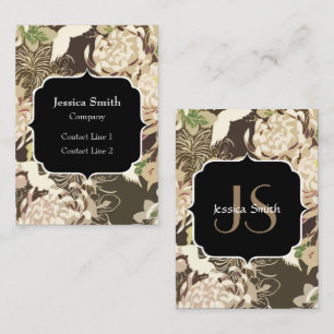 Vintage brown beige flowers and birds Monogram Business Card