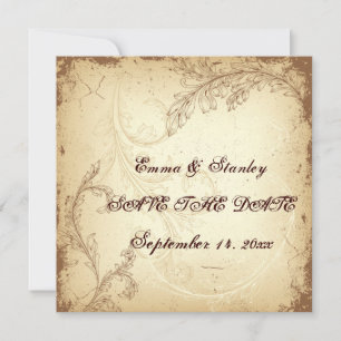 Vintage brown beige scroll leaf Save the Date