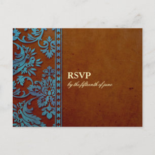 Vintage Brown & Blue Damask Lace Wedding RSVP Invitation Postcard