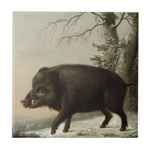 Vintage Brown Boar Hunting Painting, Wildlife Art Tile