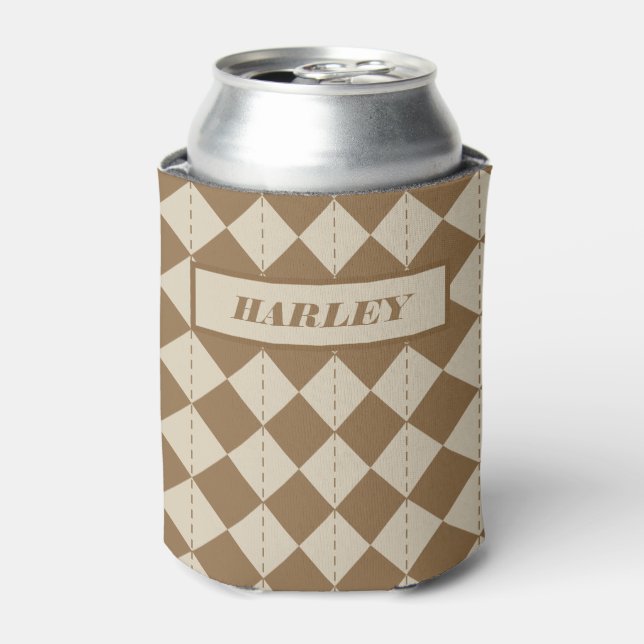 Vintage Brown Chequered Pattern Can Cooler (Can Front)