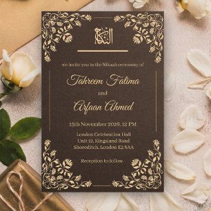 Vintage Brown Cream Floral Nikkah Muslim Wedding Invitation