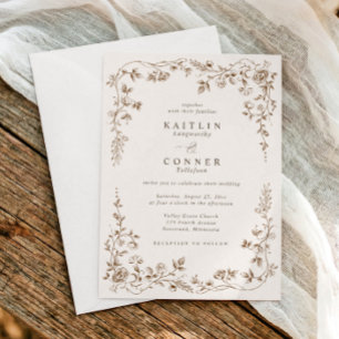 Vintage Brown & Cream French Floral Wedding Invitation