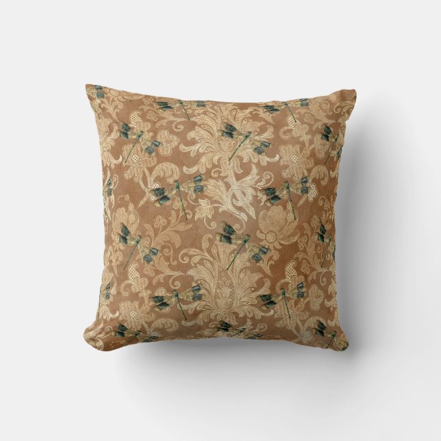 Vintage Brown Damask Floral Green Dragonflies Cushion (Front)