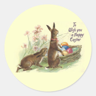 Vintage Brown Easter Rabbits Eggs in Basket, ZSSG Classic Round Sticker