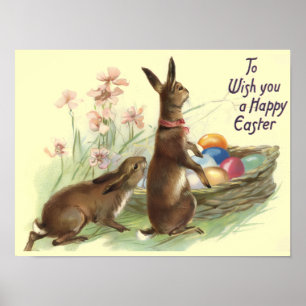 Vintage Brown Easter Rabbits Eggs in Basket, ZSSG Poster
