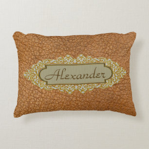 Vintage Brown Faux Leather With Golden Custom Name Decorative Cushion