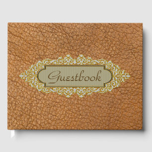Vintage Brown Faux Leather With Golden Custom Name Guest Book