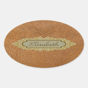 Vintage Brown Faux Leather With Golden Custom Name Oval Sticker
