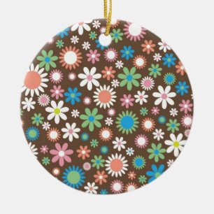 Vintage brown floral daisy retro Spring flowers Ceramic Ornament
