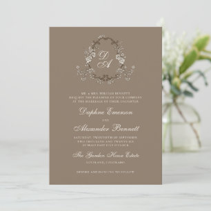 Vintage Brown Floral Monogrammed Wedding Invitation