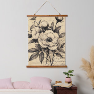 Vintage Brown Floral Sketch Aged Paper Hanging Tapestry