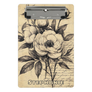 Vintage Brown Floral Sketch Aged Paper Mini Clipboard