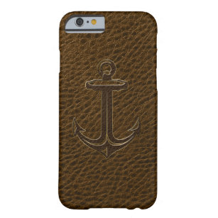 Vintage Brown Leather, Nautical Anchor Gold Accent Barely There iPhone 6 Case