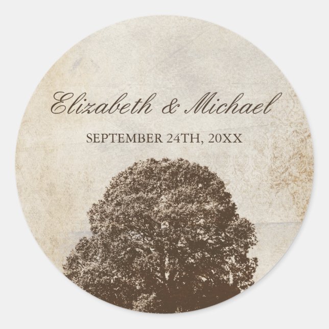 Vintage Brown Oak Tree Fall Wedding Favour Label (Front)