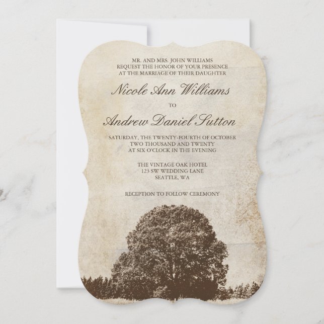 Vintage Brown Oak Tree Wedding Invitations (Front)