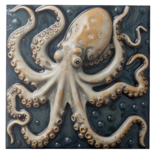Vintage Brown Octopus 3D Effect Ceramic Tile