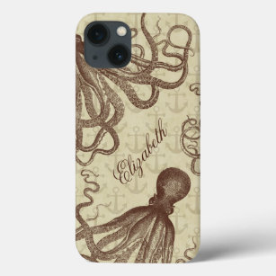 Vintage Brown Octopus with Anchors Personalised iPhone 13 Case