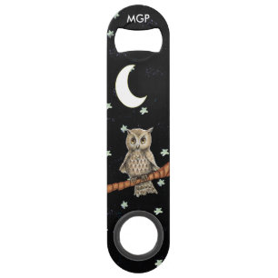 Vintage Brown Owl Necklace Crescent Moon Stars