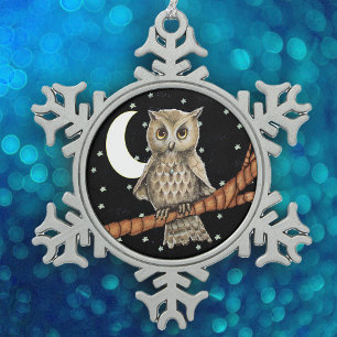 Vintage Brown Owl Necklace Crescent Moon Stars Snowflake Pewter Christmas Ornament