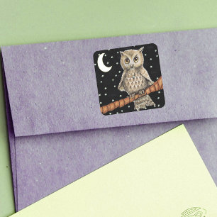 Vintage Brown Owl Necklace Crescent Moon Stars Square Sticker