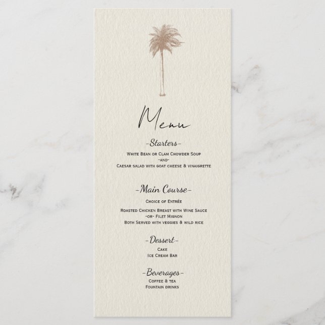 Vintage Brown Palm Tree Beach Wedding Menu (Front)