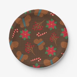 Vintage Brown Pointsettia Christmas Party Paper Plate