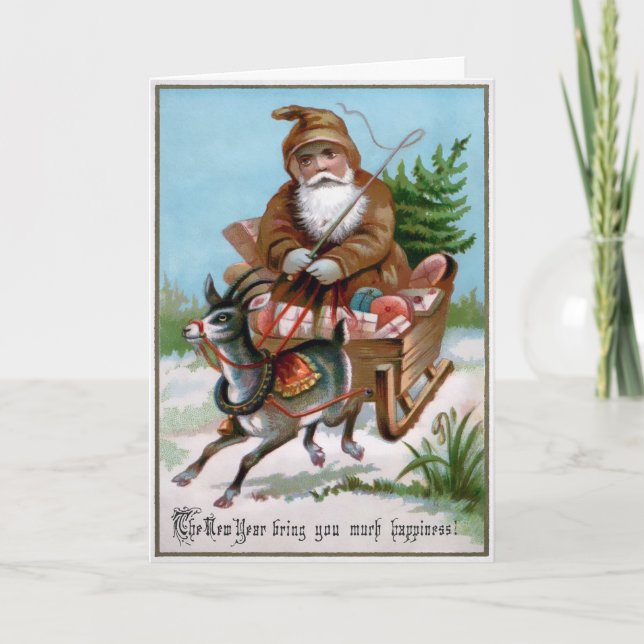 Vintage Brown Robed Santa Holiday Card (Front)