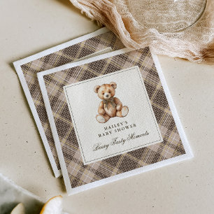 Vintage Brown Tartan Teddy Bear Baby Shower Napkin