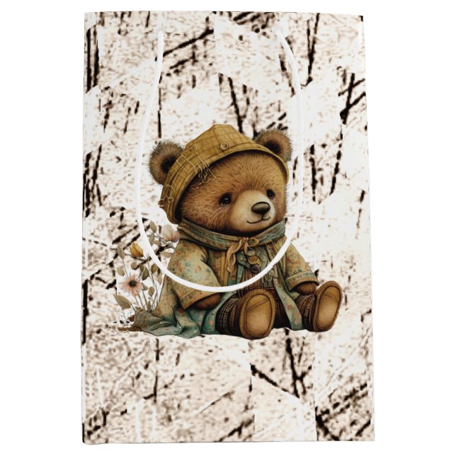 Vintage Brown Teddy Bear Medium Gift Bag (Front)